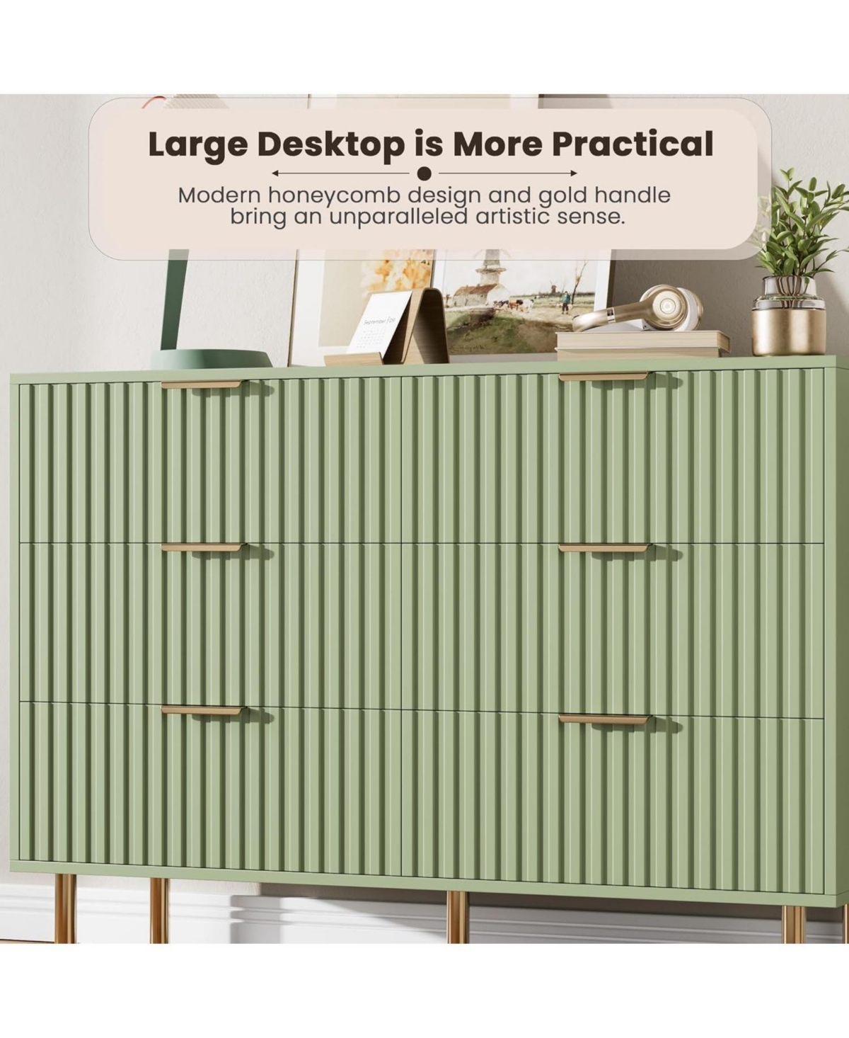 gaomon Green Drawer Dresser for Bedroom, Fluted with Large Drawers and Sturdy Gold Legs Support
