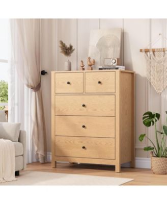 Dresser for Bedroom, Tall 5 Drawer Dresser with Deep Drawers Metal Knobs, Modern Wooden Double Chests of Drawers for Kids Bedroom