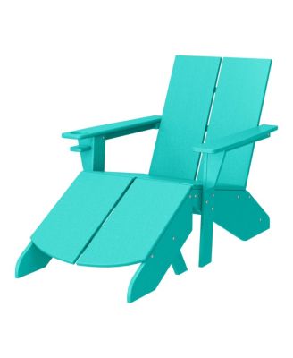 Outdoor HDPE Modern Adirondack Chair with Folding Patio Ottoman and Cup Holder