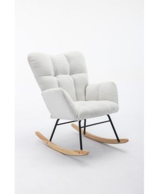 Ivory Teddy Fabric Nursery Rocking Glider Chair with Wooden Frame Metal Base Rocking Legs 250 LBS Capacity for Living Room Bedroom