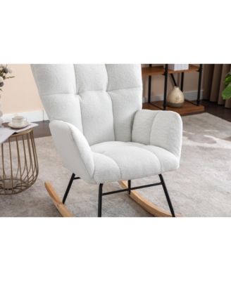 Ivory Teddy Fabric Nursery Rocking Glider Chair with Wooden Frame Metal Base Rocking Legs 250 LBS Capacity for Living Room Bedroom