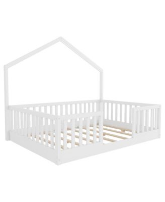 Full Floor Bed with High Rails, Wooden Montessori Bed with Light