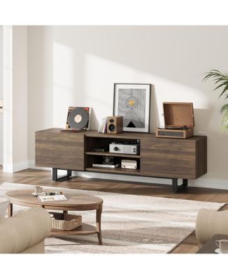 Industrial TV Stand for 65+ inch TVs, Modern Entertainment Center with 2 Drawers, Wooden Media Cabinet, Black