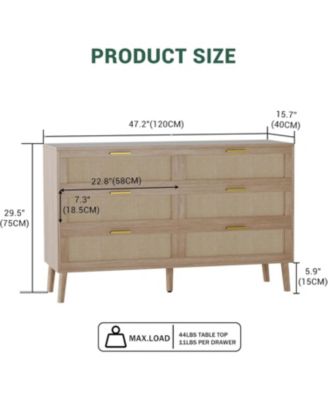 6 Drawer Rattan Dresser, 47.2'' x 15.7'' x 29.5'' Rattan Chest of Dressers, Mid Century Modern Dresser for Closet with Handles