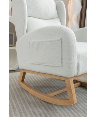 Ivory Teddy Fabric Rocking Chair with Wooden Frame Legs Built in Packet Ergonomic Backrest 300 LBS Capacity for Living Room Bedroom