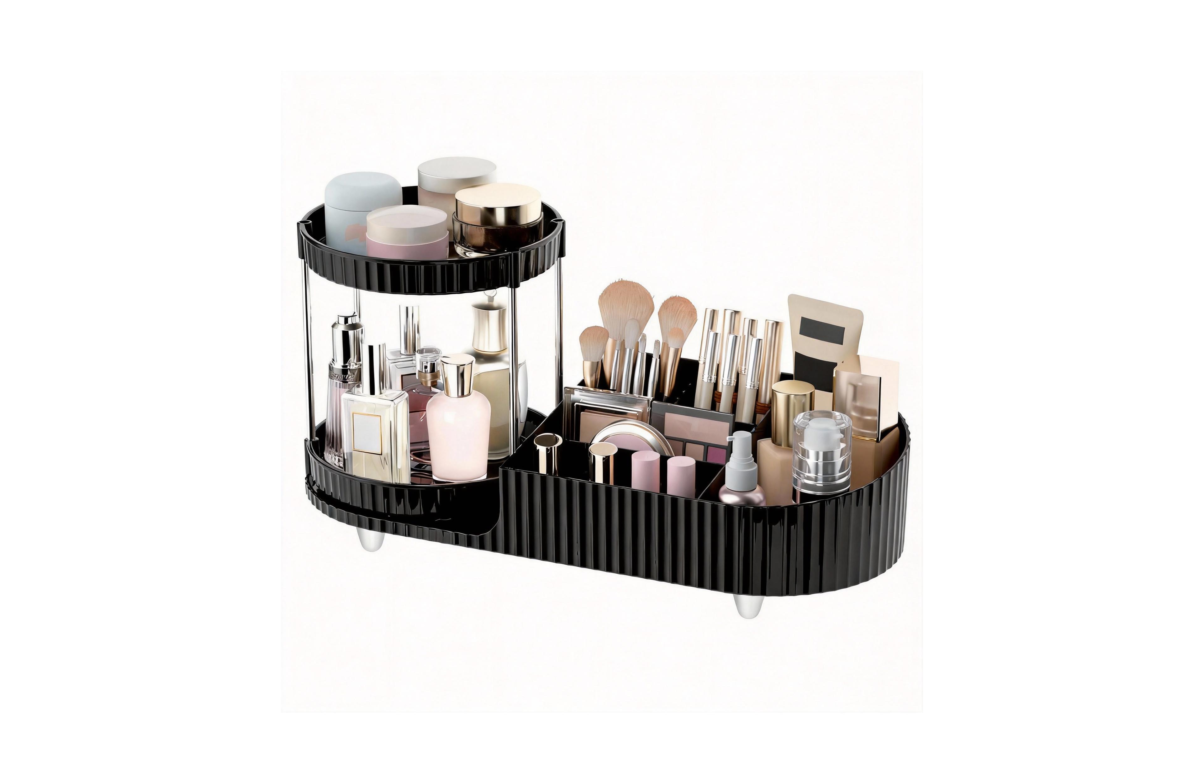 Yigii 360 Silent Rotating Makeup Organizer: 2 Perfume Trays, 5 Compartments, Multi-Use