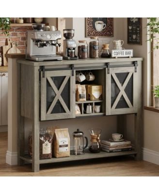 Wine Bar Cabinet with Storage - Sliding Barn Door Kitchen Buffet, Wood Sideboard Console with Wine Rack & Glass Holder for Living & Dining Room