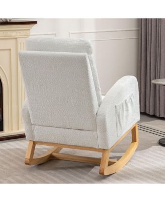 High Back Accent Rocking Chair with Footrest Rubber Wood Legs Side Storage Pocket for Bedroom Living Room Nursery