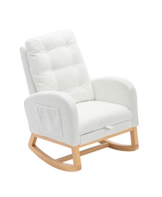 High Back Accent Rocking Chair with Footrest Rubber Wood Legs Side Storage Pocket for Bedroom Living Room Nursery