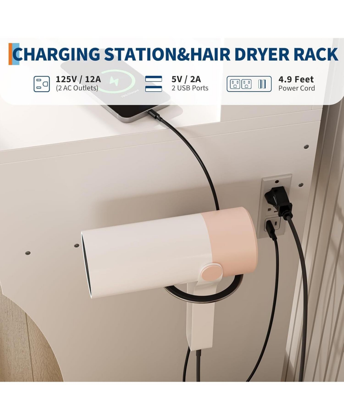 Gaomon White 2-Drawer Lighted Vanity Desk, Sleek Makeup Dressing Table for Bedrooms