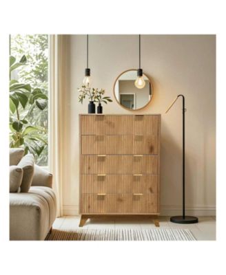 Tall 5-Drawer Wood Dresser, Waveform Fluted Panel Modern Chest of Drawers for Bedroom Clothes Storage