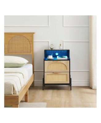 Rattan Nightstand with Charging Station & LED Lights, 2-Drawer Storage Bedside End Table for Bedroom