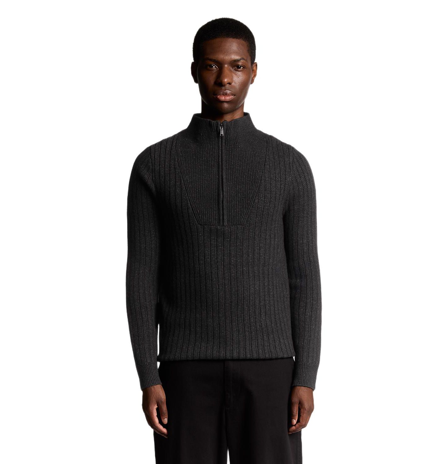 Мужской свитер Lyle & Scott Ribbed Half Zip, цвет: Угольно-чёрный меланжевый — фото 1