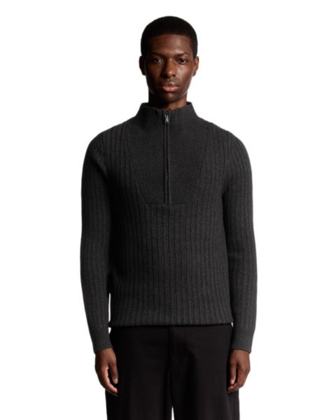 Мужской свитер Lyle & Scott Ribbed Half Zip, цвет: Угольно-чёрный меланжевый