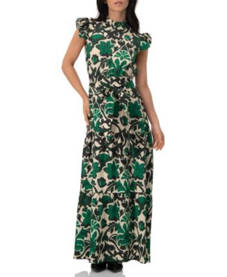 Women's Printed Ruffle-Sleeve Maxi Dress with Tie Waist