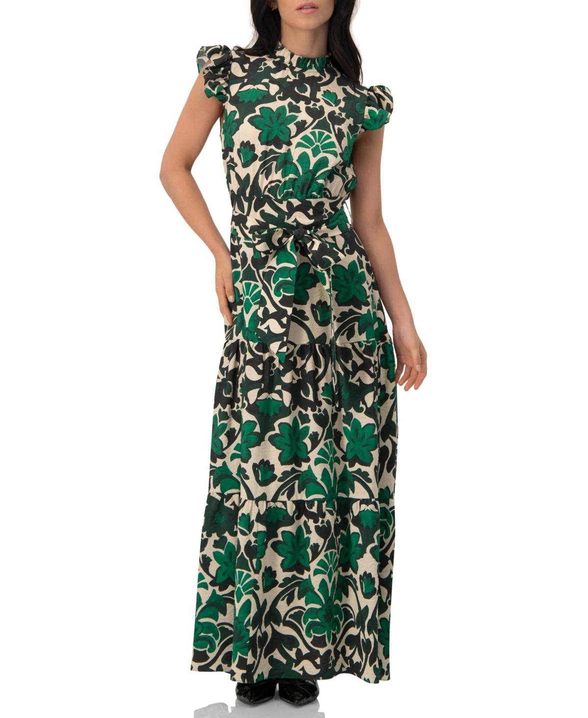 Ivonne Women's Printed Ruffle-Sleeve Maxi Dress with Tie Waist