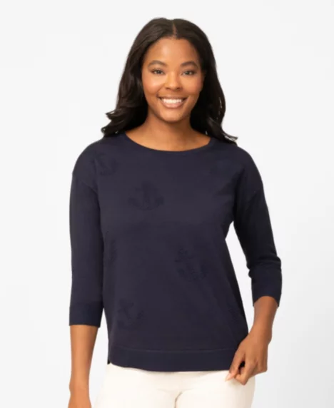 Petite Anchor Textured Hi-Low Boat Neck Sweater - Navy