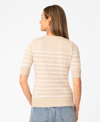 Petite Striped Crew-Neck Elbow-Sleeve Sweater
