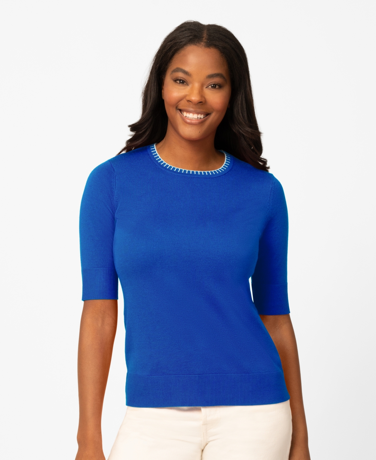 Melissa Paige Petite Whip Stitch Elbow-Sleeve Crewneck Sweater