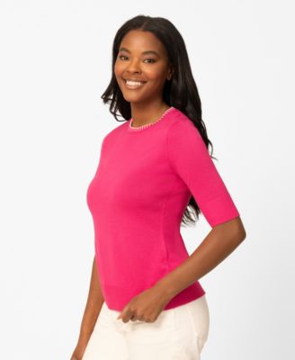 Petite Whip Stitch Elbow-Sleeve Crewneck Sweater