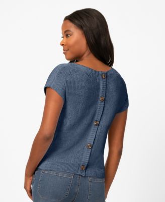 Women's Button-Back Short-Sleeve Tape-Yarn Sweater
