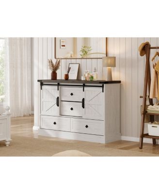 Farmhouse 4-Drawer Dresser, 45" Wooden Chest with Barn Doors, Rustic Storage Organizer Bedroom Dresser