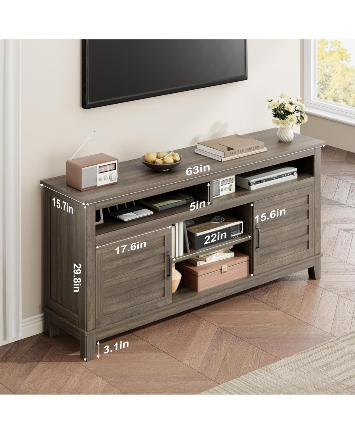 gaomon Tv Stand for 63 in, Entertainment Center with Adjustable Shelves, Farmhouse Cabinet Doors