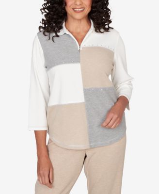 Petite Quarter Zip Collared Patchwork Top