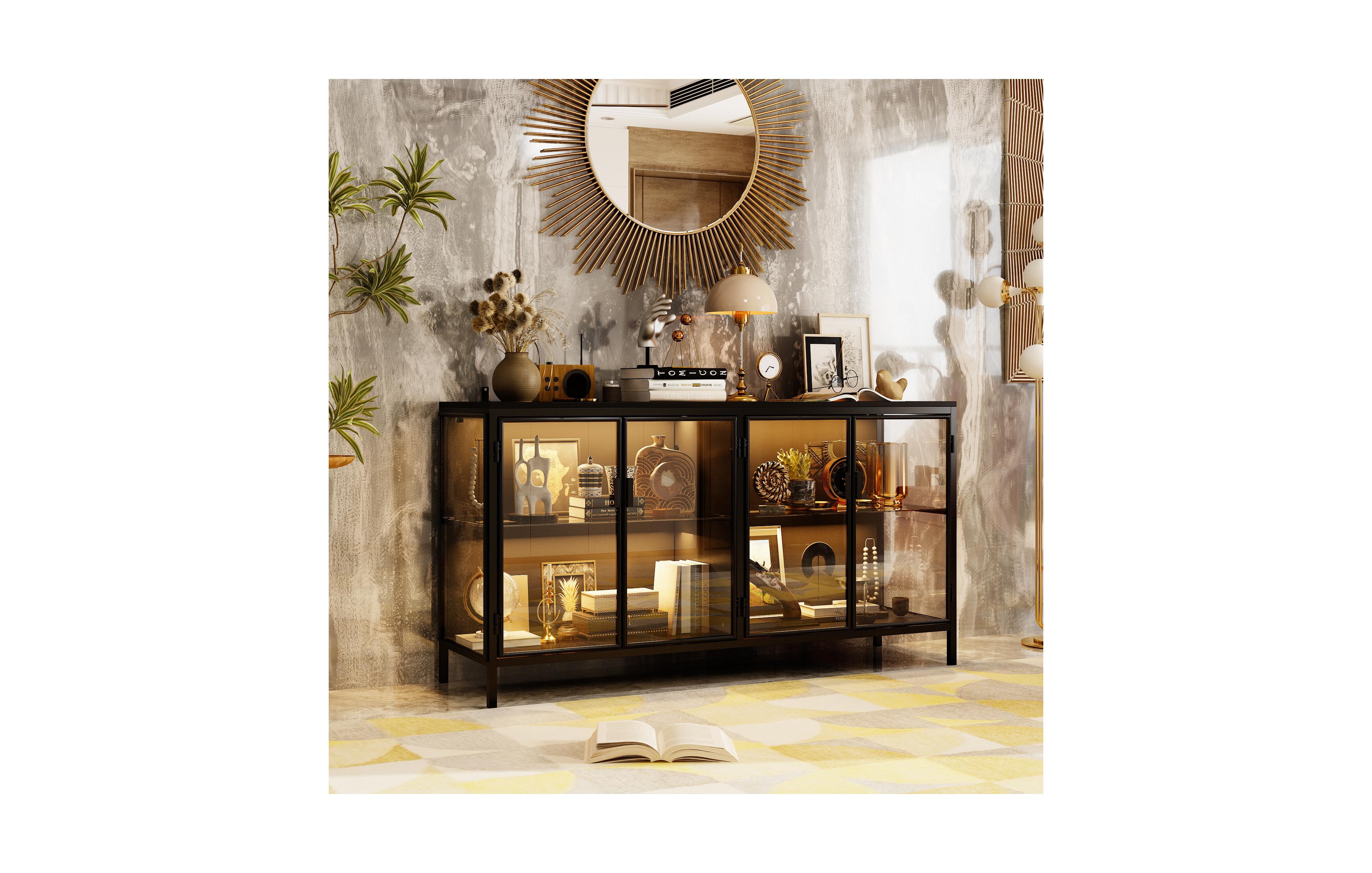 Homsee High quality black iron frame, 4-door iron mesh steel wood cabinet, storage cabinet, pantry
