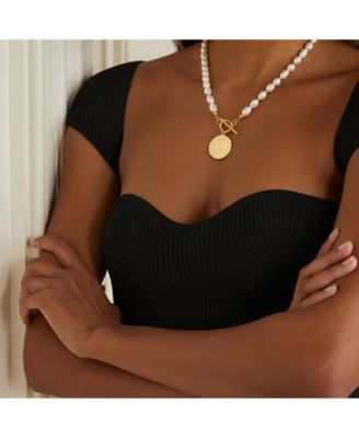 Pearl Necklace with Gold Coin Pendant & Toggle Clasp