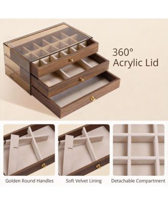 3-Layer Acrylic & Wood Jewelry Organizer with Velvet Lining