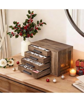  Wooden Jewelry Box with 4 Drawers for Rings, Earrings, Brooches, Necklaces