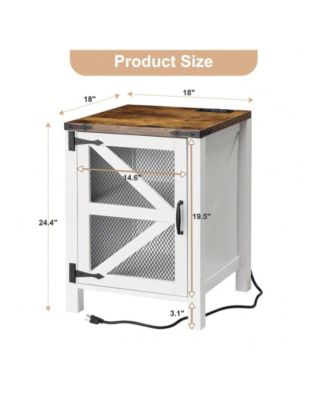 Farmhouse Barn Door Nightstand with Charging Station, Rustic End Table Sofa Side Storage for Bedroom