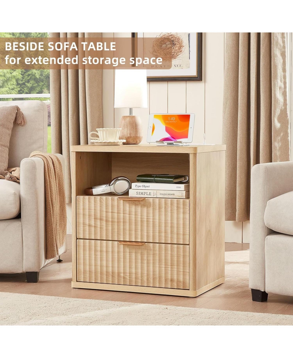 gaomon 23 Inch Fluted Farmhouse Nightstand, 2-Drawer End Table with Usb Charging Station for Bedroom