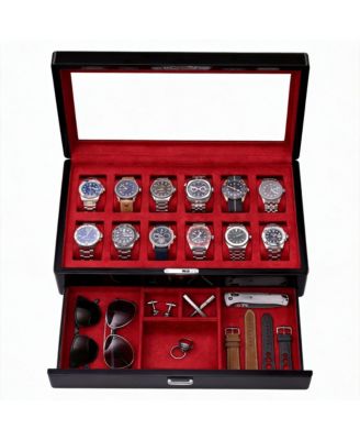 Luxury Watch Box - 12 Watches, PU Leather, Glass Lid, Accessory Drawer