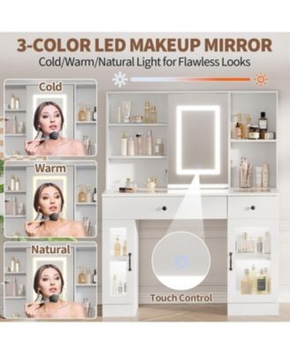 3-Color LED Vanity Desk, Makeup Dressing Table with Space-Saving Sliding Mirror