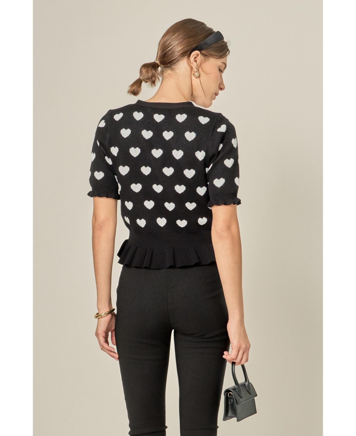 English Factory Women's Heart Cardigan with Short Puff Sleeve