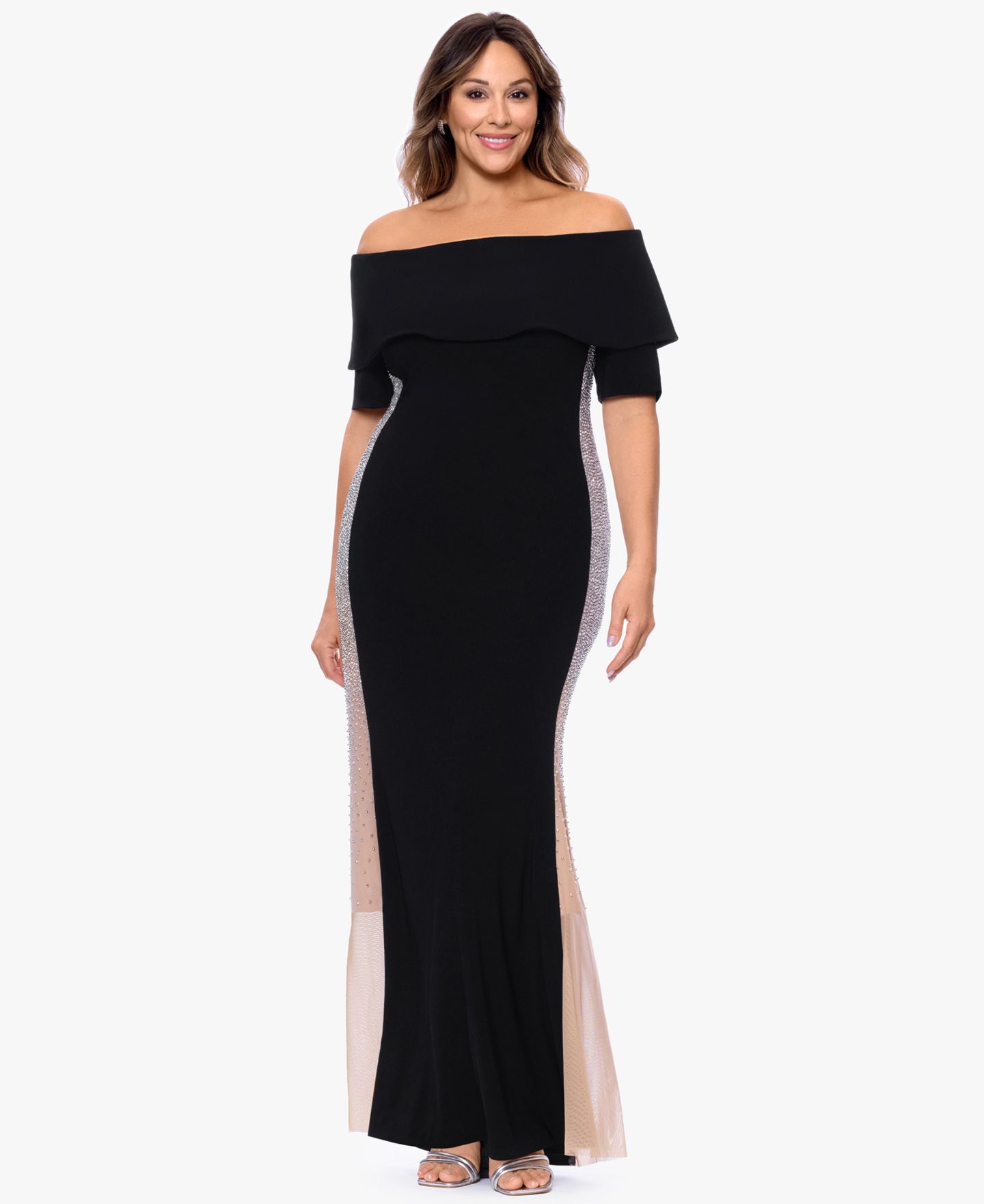 Женские платья XSCAPE Off-The-Shoulder Gown, цвет: Чёрный телесный серебряный — фото 2