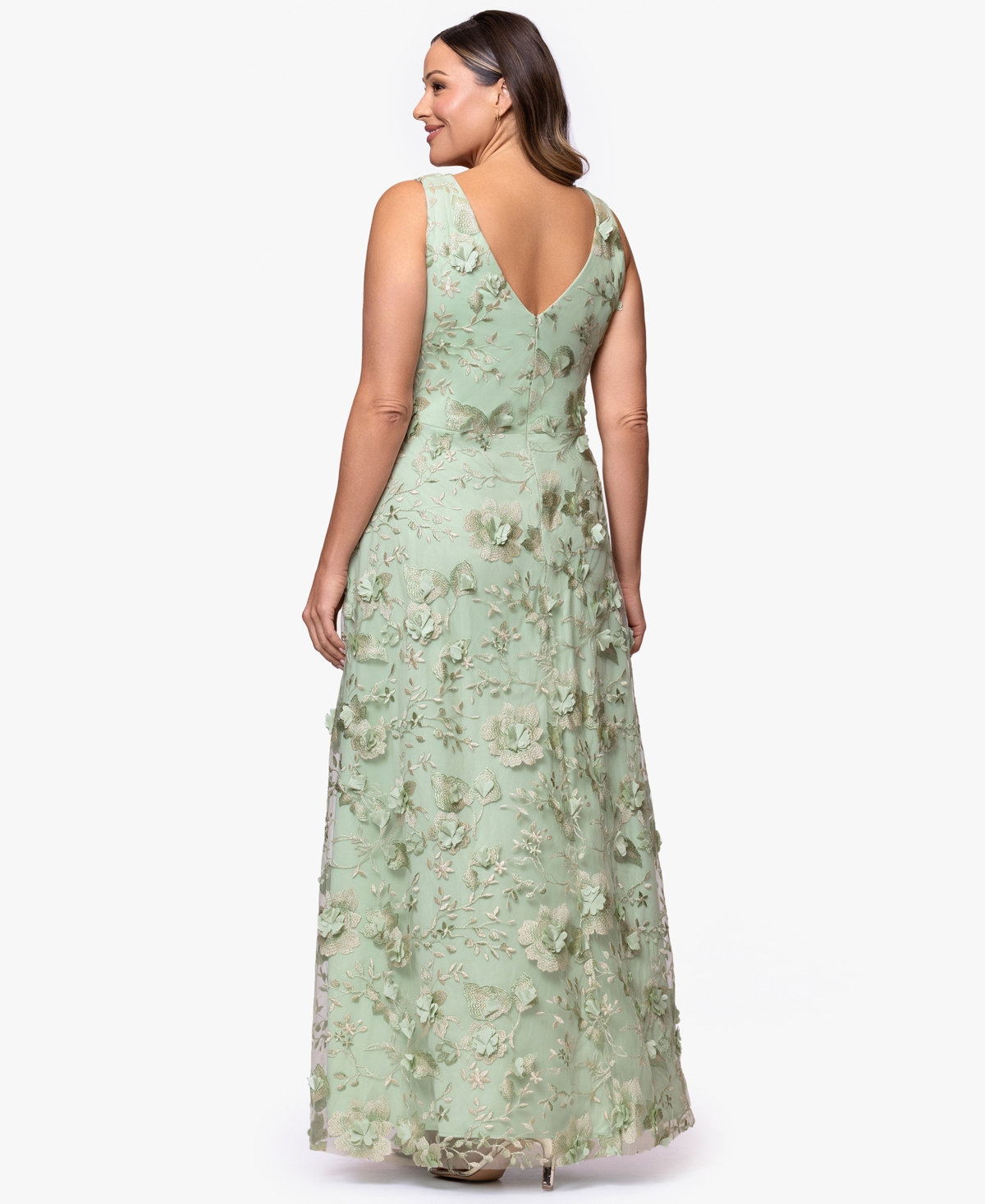 Xscape Plus A-Line Raised Flower V-Neck Ball Gown