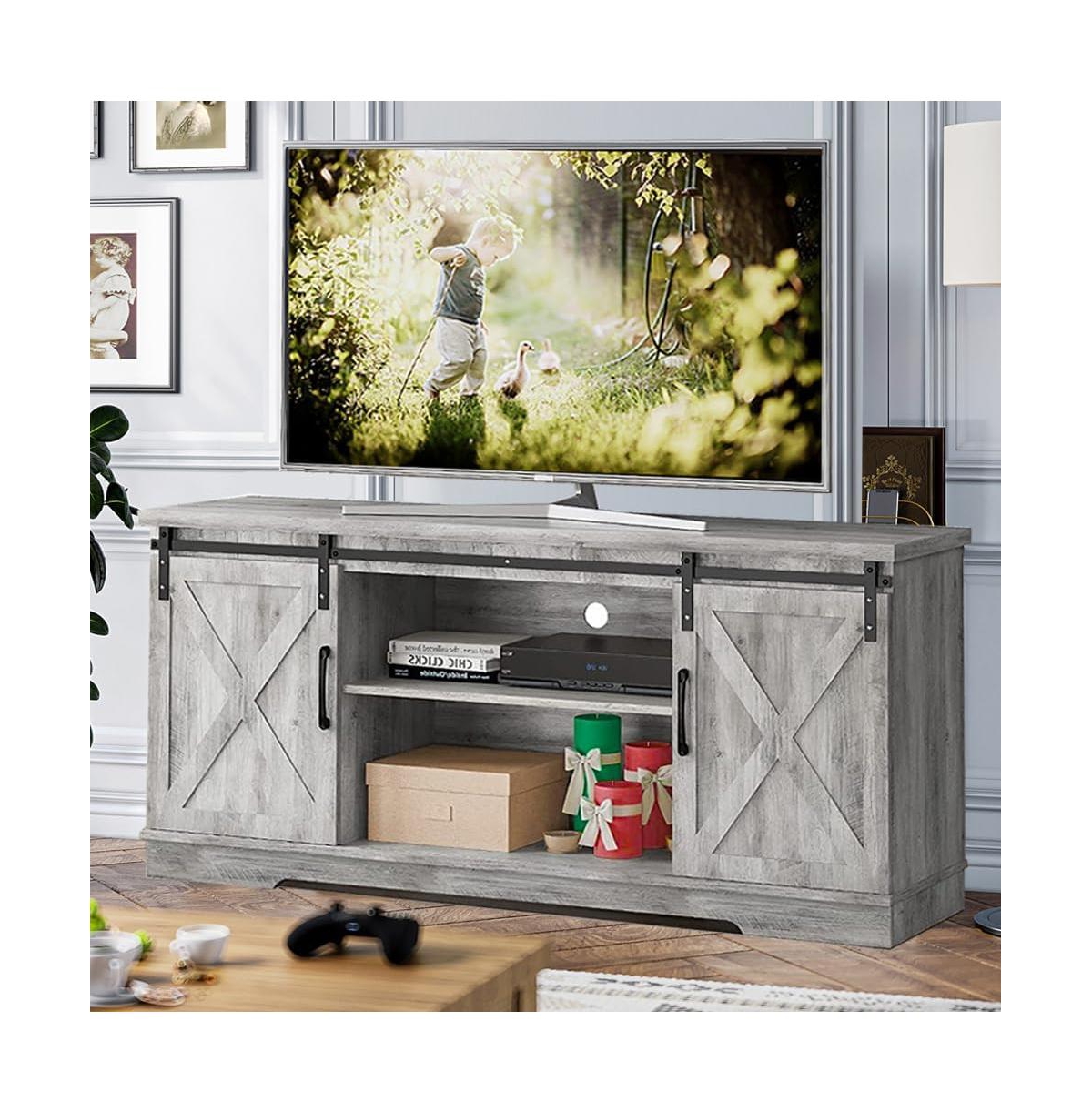 gaomon Farmhouse Tv Stand, Entertainment Center for 65 Inch Media Console Table, Barn Door Stand with Storage