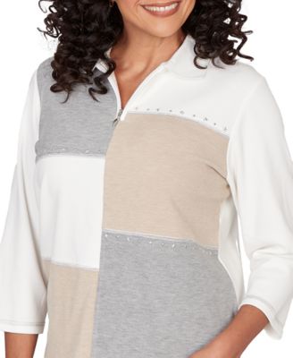 Petite Quarter Zip Collared Patchwork Top