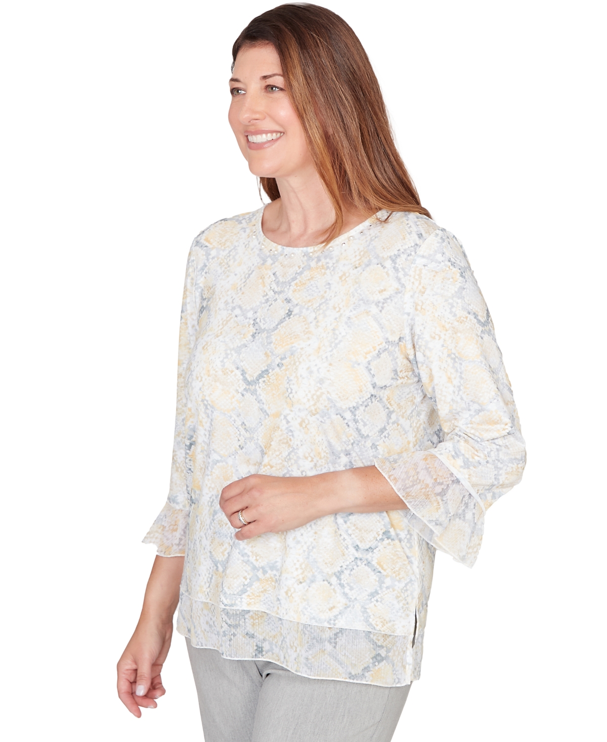 Alfred Dunner Petite Python Printed Knit Flutter-Sleeve Crewneck Top