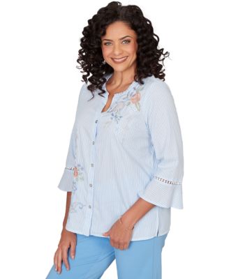 Petite Striped Floral Embroidered Button-Down Top