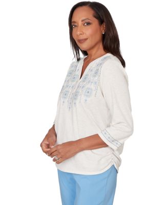 Petite Medallion Embroidered Ruched Split Neck Henley Top