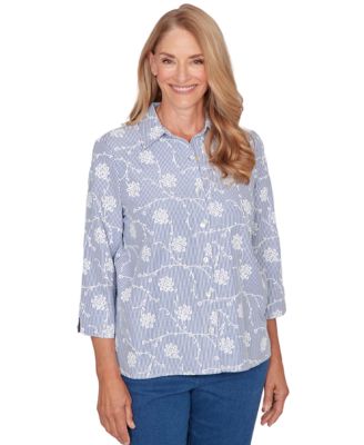 Petite Classics Puff Print Pinstripe Embroidered Collared Top