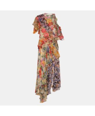 Women's Multicolor Floral Print Chiffon Wonderland Flounce Midi Dress