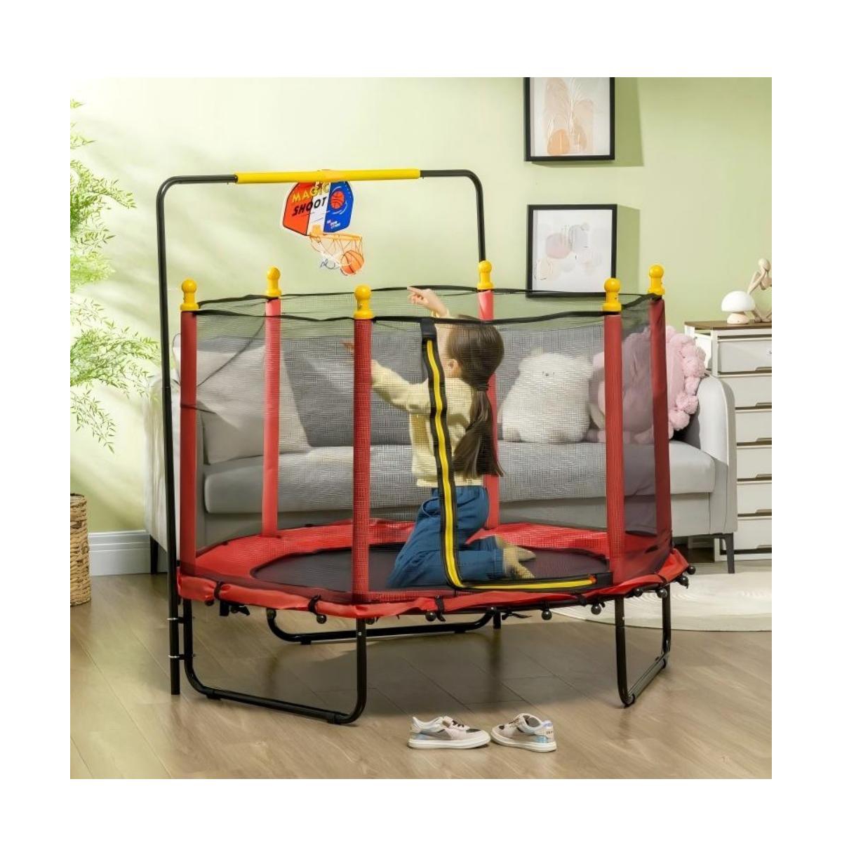 Hongge Kids Indoor Trampoline with Safety Net and Basketball Hoop