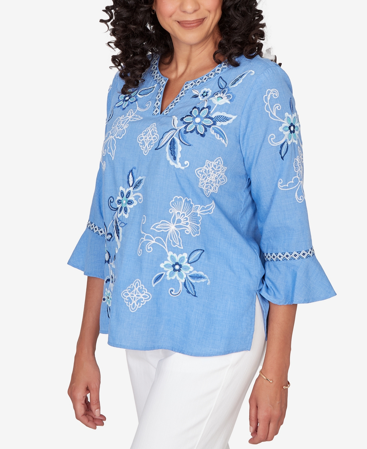 Alfred Dunner Petite Mykonos Floral Textured Embroidered Split Neck Top