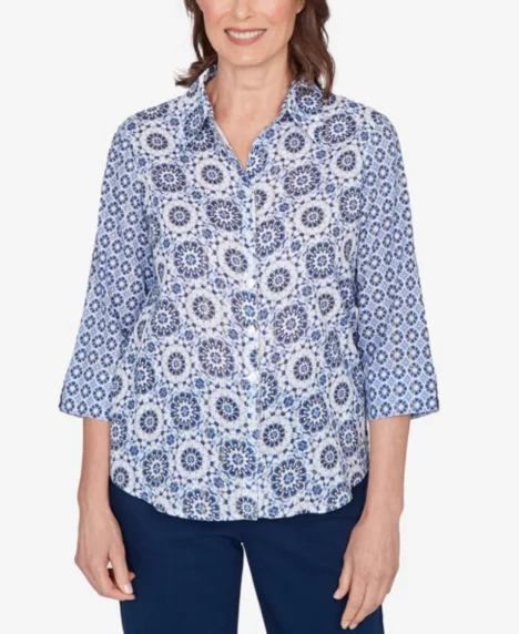 Petite Mykonos Geometric Button-Front Collared Top - Blue Multi