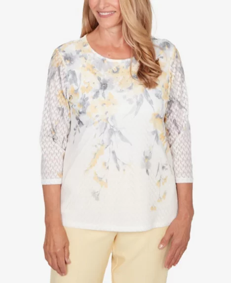 Petite Al Fresco Textured Floral Crew Neck Top - Multi Yellow